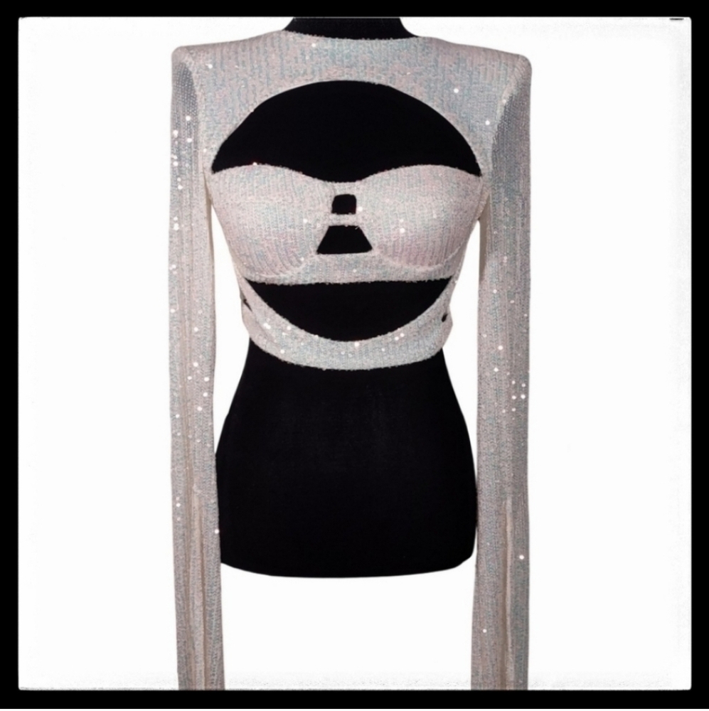 That Glimmer Glow Sequin Cut Out Crop Top Size S White/Pink NWT
